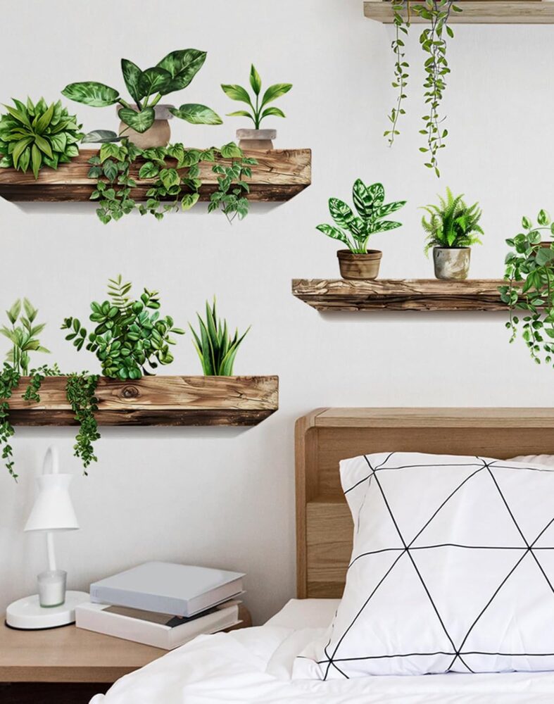 Green Plant Wall Decals 3D Bonsai Tropical Betterfly Wall Sticker Creative Vinyl Peel and Stick Removable Wall Art Decor for Living Room Bedroom Home Office (Green Plant 3)