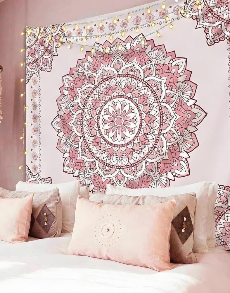 Pink Mandala Tapestry for Bedroom Aesthetic, Boho Art Large Wall Hanging | Bohemian Cute White Tapestries for Teen Girls, Hippie Floral Room Decor, Flower Backdrop for College Dorm Camping (51''x60'')