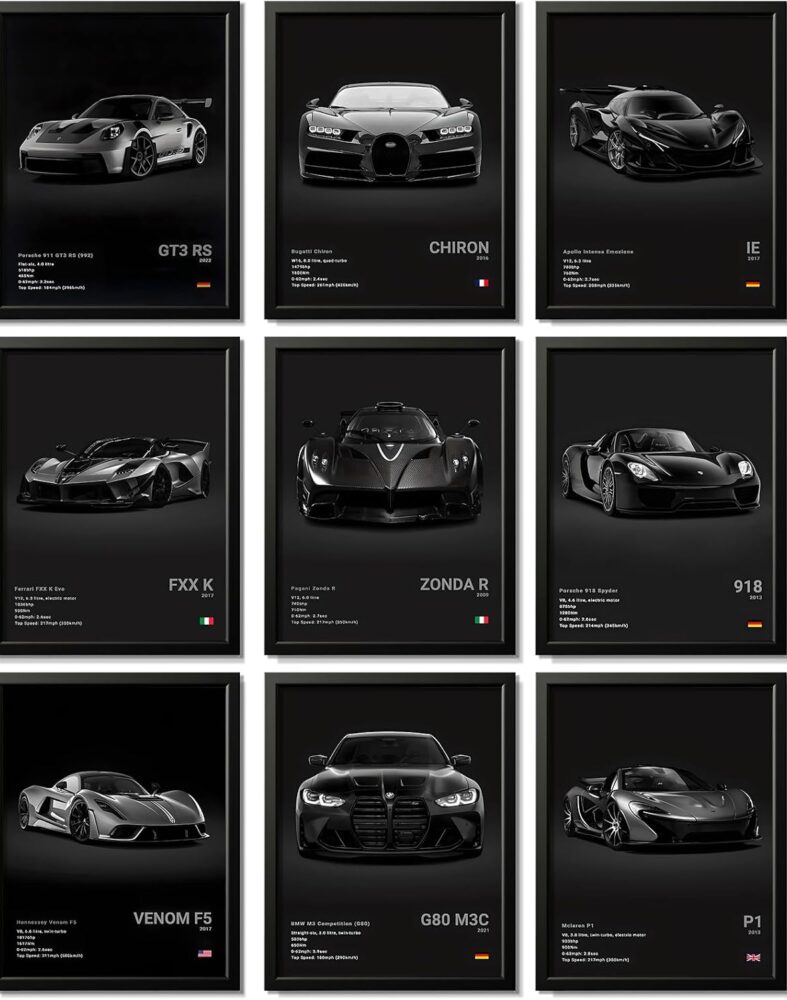 CSLGQGV Car Poster Vintage Racing Car Wall Art Supercar Canvas Prints Painting For Men Room Pictures Guys Dorm Room Aesthetics Decor Bedroom Office (Unframed,8×10inch,9pcs) black