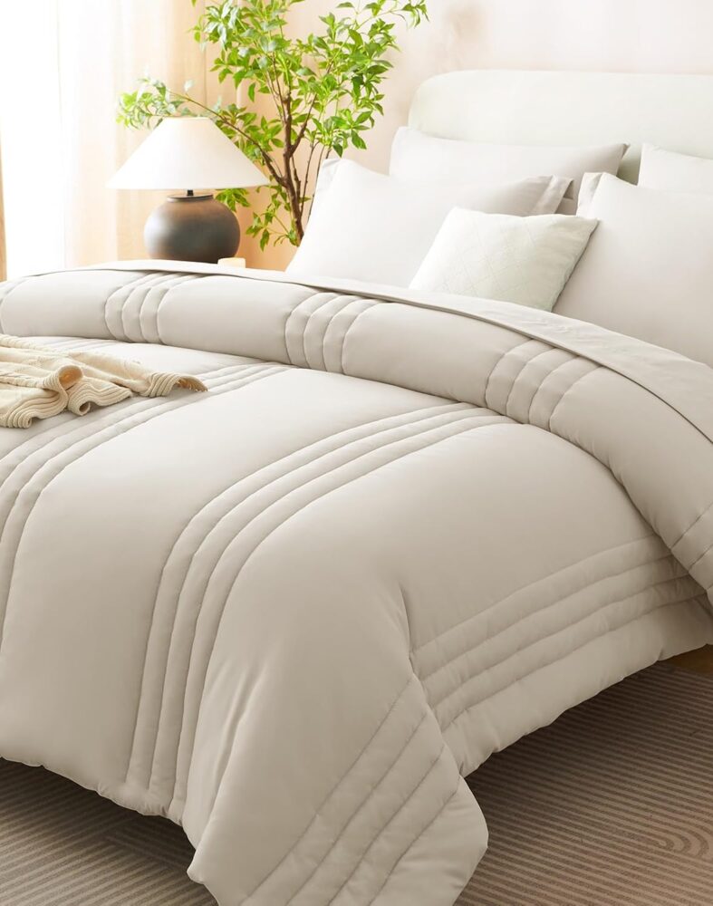 CozyLux Queen Comforter Set Beige - 7 Pieces Vertical Quilted Bed in a Bag | OEKO-TEX Certified, 240GSM Down-Alternative Comforter, 14" Deep-Pocket Sheets, Shams & Pillowcases, Lightweight