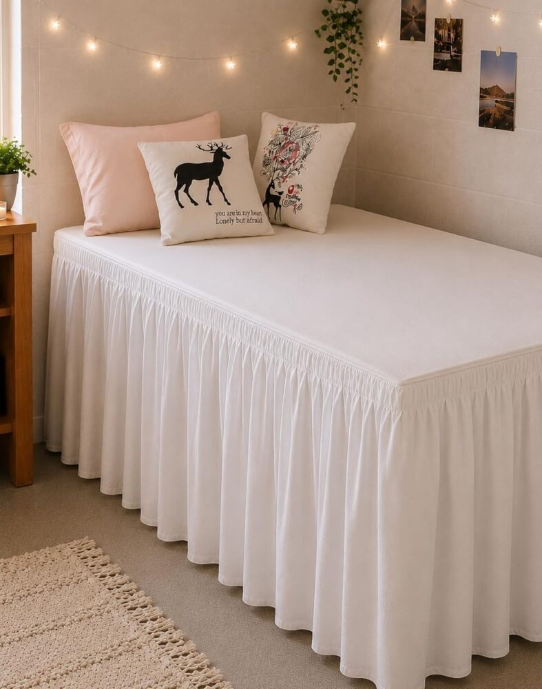 RIMELA College Dorm Bed Skirt Twin XL 36 Inch Drop, White Elastic Bedskirt | Ruffled, Wrap-around/elastic, Wrinkle-resistant, Fade-resistant, Machine Washable, Wrinkle-Free, Gift Box Packaging, Textured